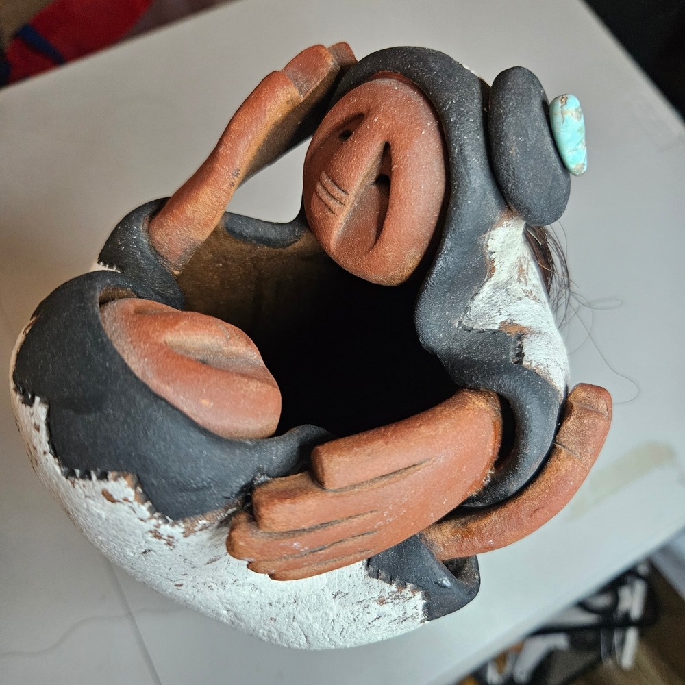 Vintage Native American Pueblo Storyteller Figure Horsehair Turquoise Signed 14"